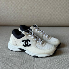 Chanel Beige & Black Calfskin / Mesh Sneakers - Size 39