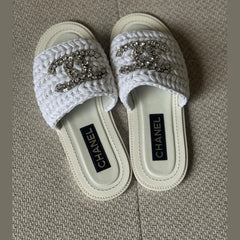 Chanel White CC Raffia Flat Sandals – Size 38 (Fits 39)