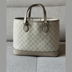 Gucci Ophidia Small Tote – Beige & White GG Supreme Canvas with Oatmeal Trim