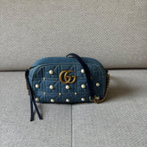 Gucci GG Marmont Denim Pearl Embellished Camera Bag