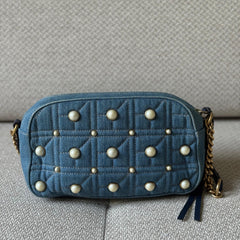 Gucci GG Marmont Denim Pearl Embellished Camera Bag