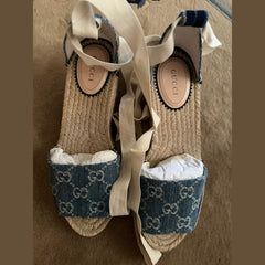 Gucci Denim Wedge Espadrille Sandals - Size 37