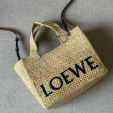 Loewe Raffia Small Font Tote with Crossbody Strap