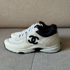Chanel Beige & Black Calfskin / Mesh Sneakers - Size 39