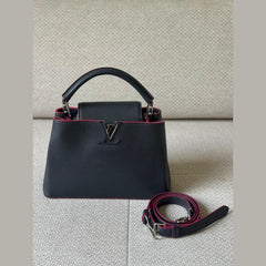 Louis Vuitton Black Grained Leather with Burgundy Trim Capucines BB Top Handle with Strap