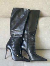 Gucci Black Leather Knee High Aneta Boots with Pearl Buttons - Size 40