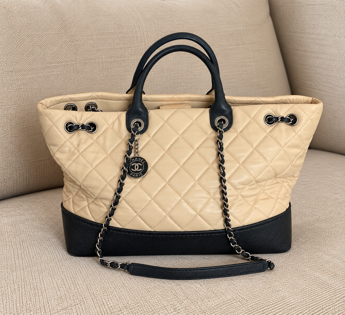 Chanel Gabrielle Beige & Black Quilted Tote & Shoulder Bag