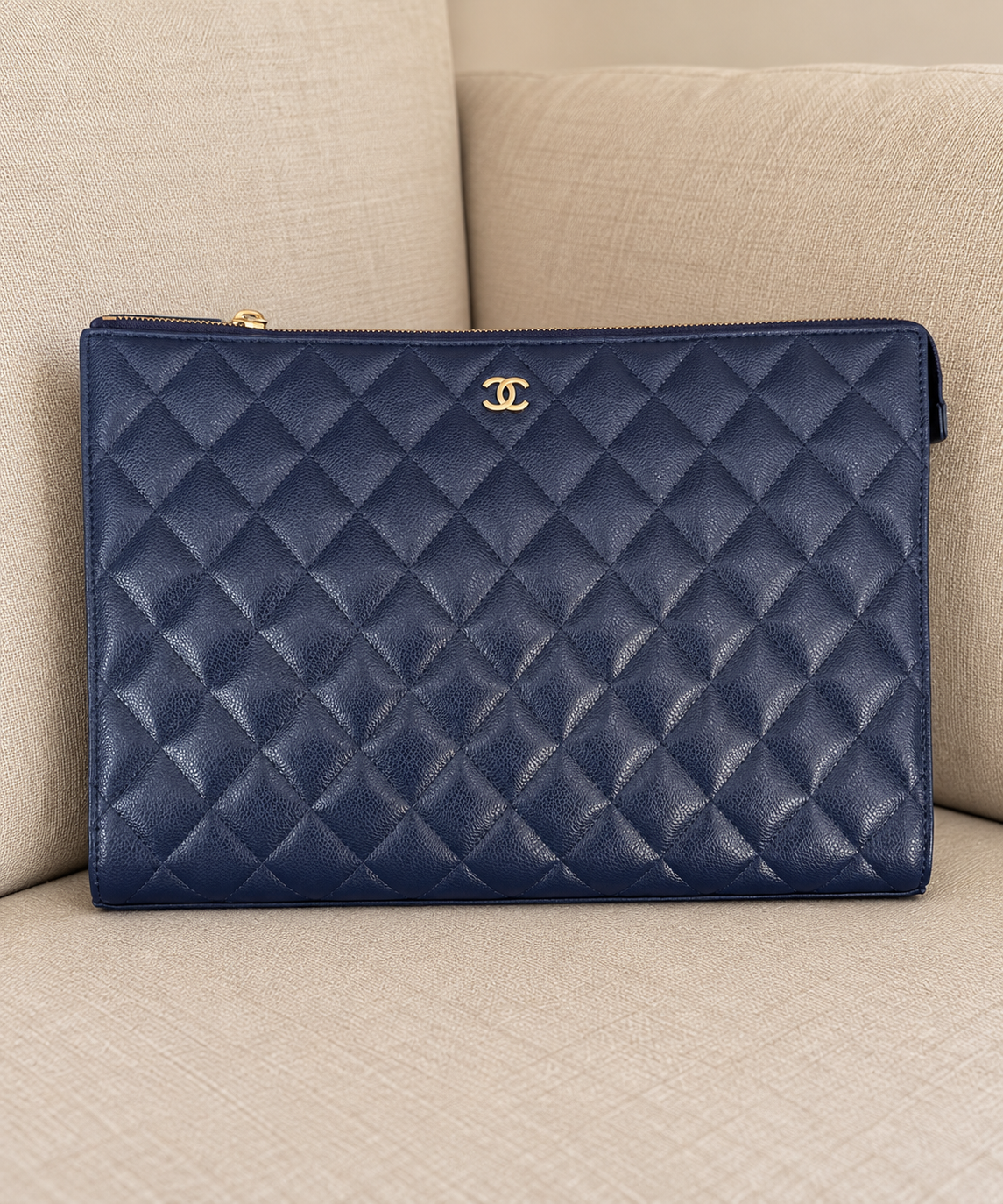 Chanel Navy Blue O Case Quilted Clutch