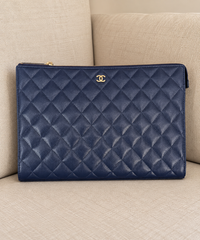 Chanel Navy Blue O Case Quilted Clutch