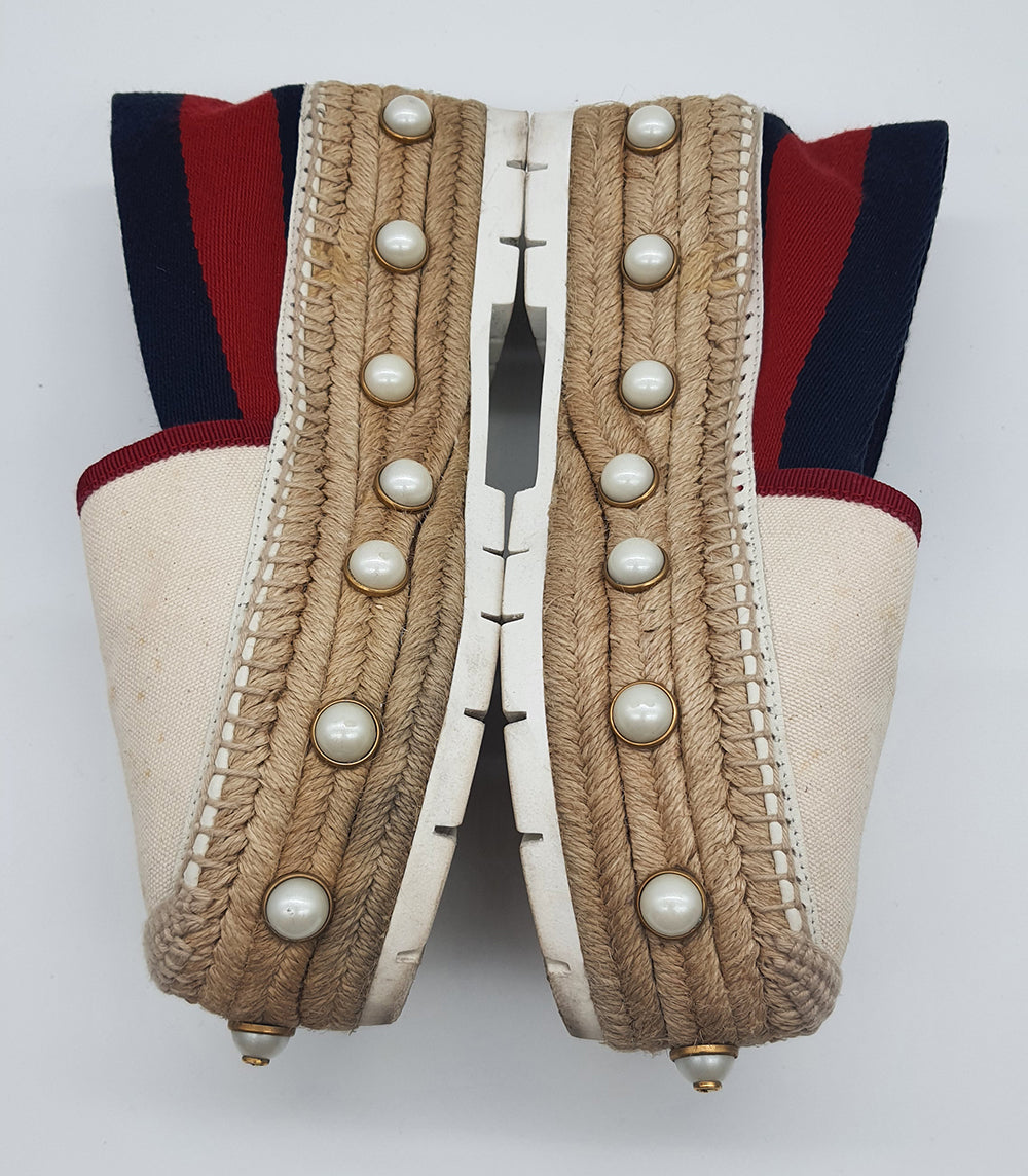 Tricolor Web Linen Pearl Studded Espadrilles