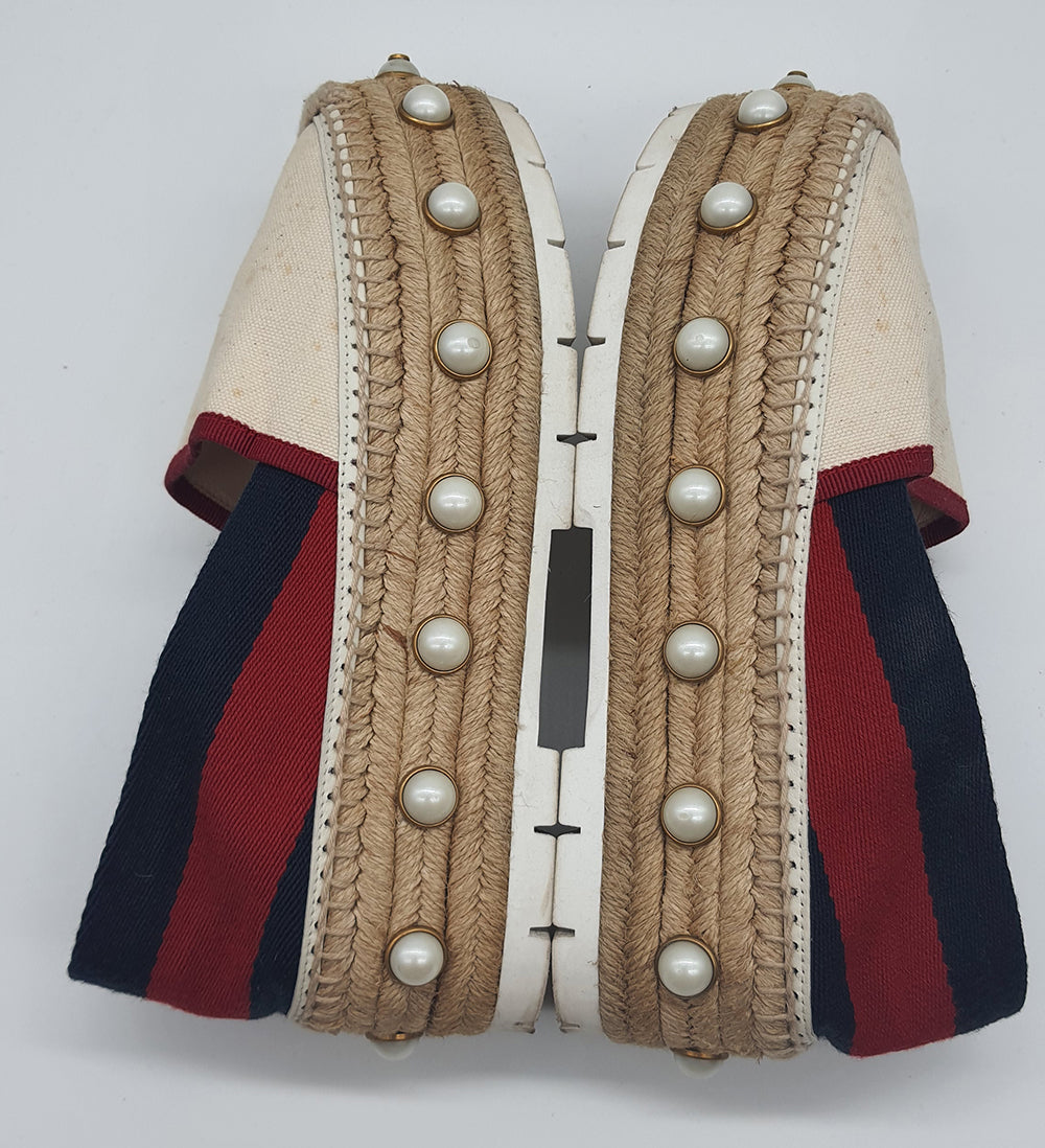 Tricolor Web Linen Pearl Studded Espadrilles