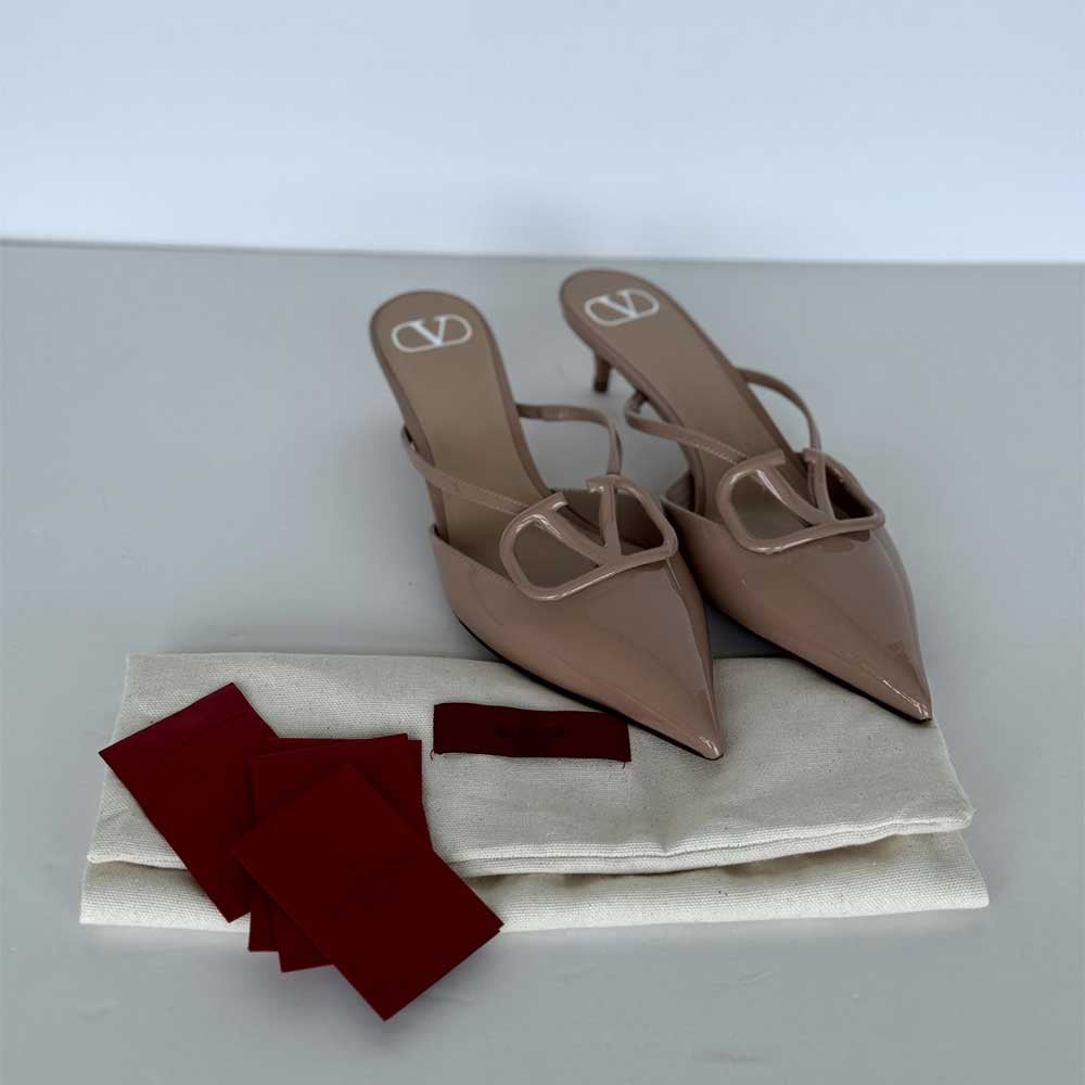 Valentino Beige Patent V Logo Mules - Size 39½