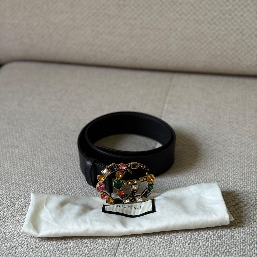 Gucci Black GG Marmont Crystal Embellished Belt – Size 80