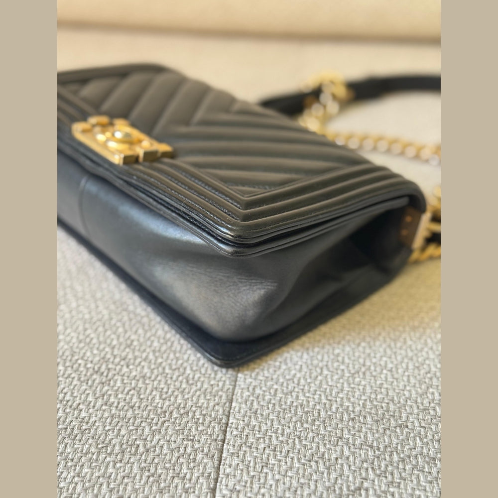 Chanel Black Chevron Leather Medium Boy with Gold Hardware