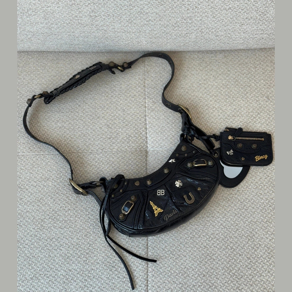 Balenciaga Le Cagole XS Shoulder Bag in Black Arena Lambskin with Charms