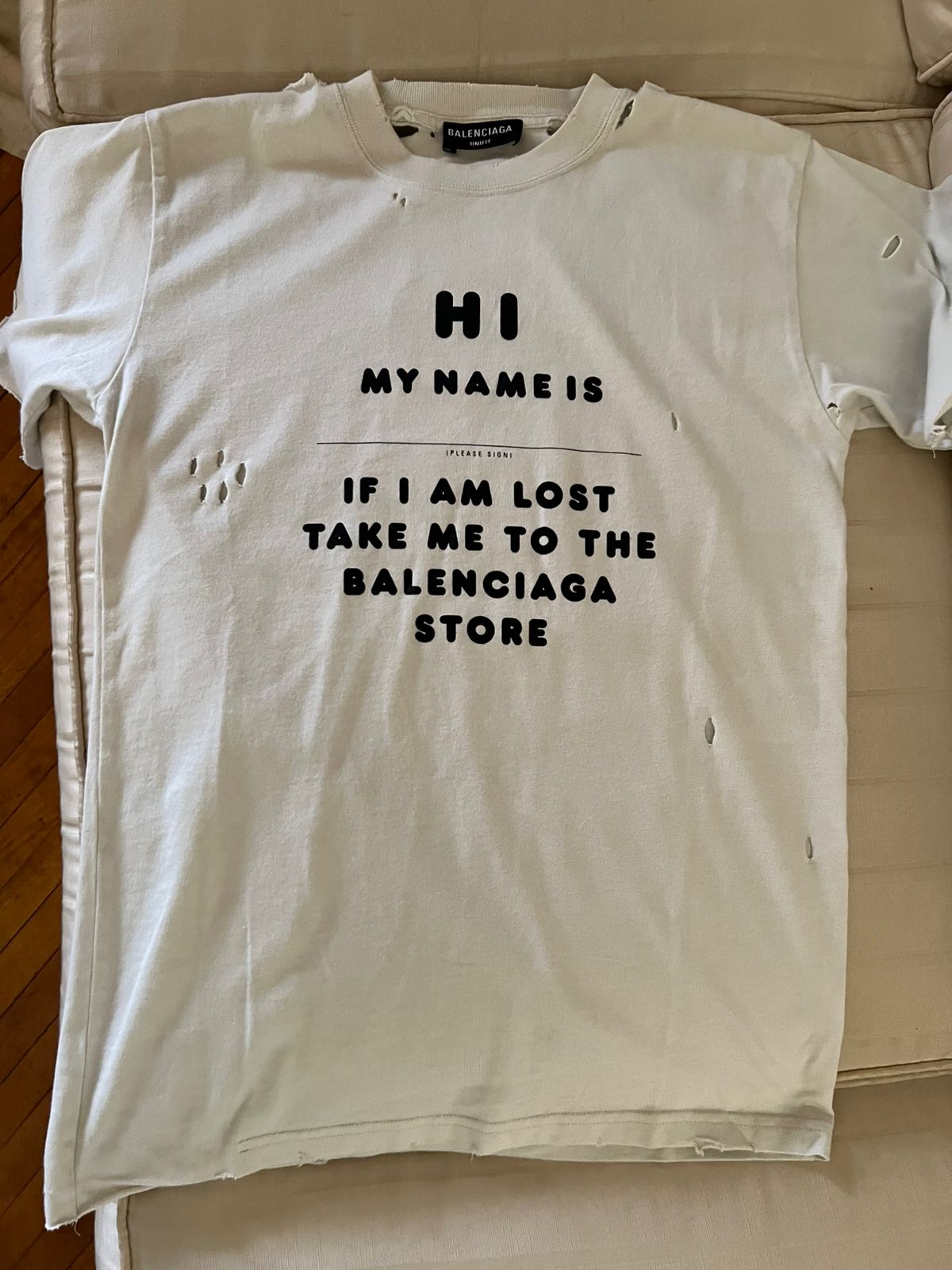 Balenciaga "Hi My Name Is" Distressed Cotton T-Shirt - Size XXs