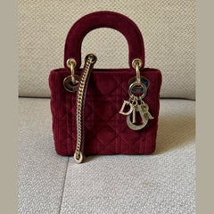 Christian Dior Burgundy Velvet Mini Lady Dior Top Handle with Strap