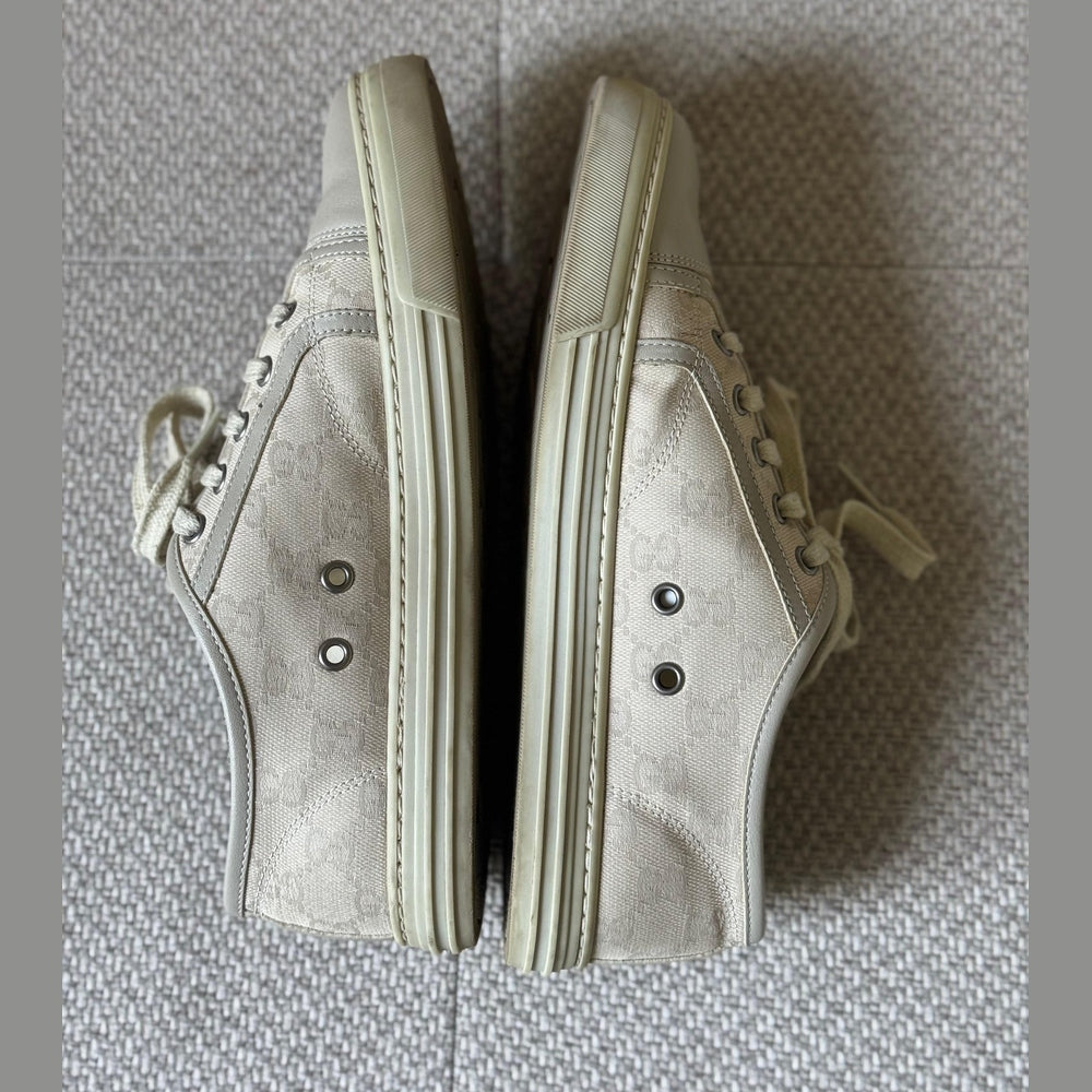 Gucci Off-White Leather and Canvas GG Low Top Sneakers - Size 38