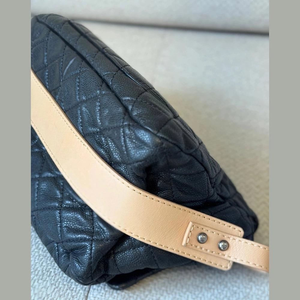 Chanel Reissue Messenger Flap Bag in Black Caviar Leather with Beige Leather Strap