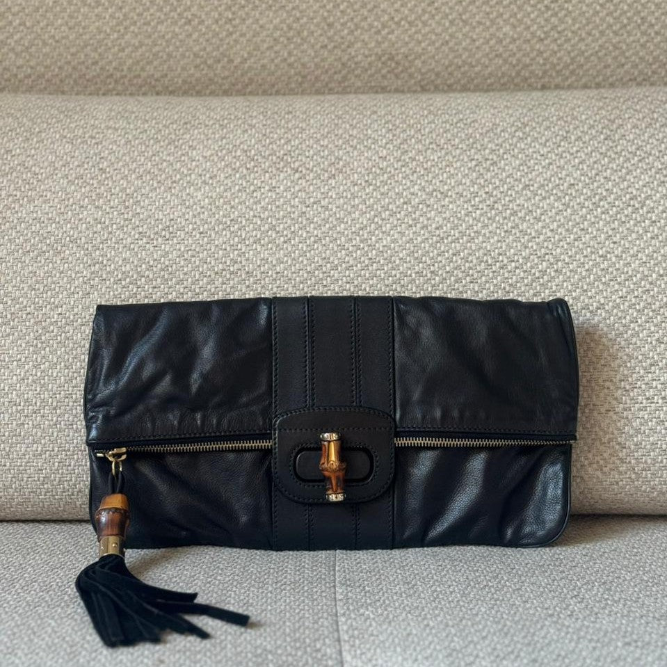 Gucci Black Leather Lucy Fold-Over Clutch