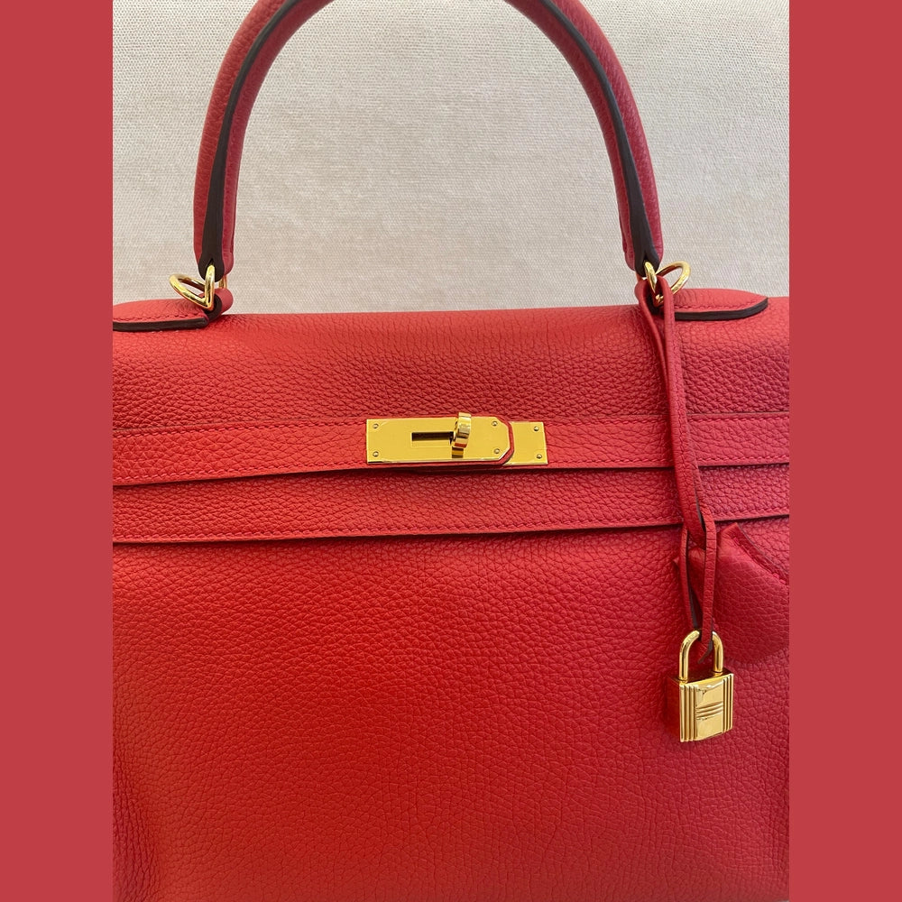 Hermès Rouge Casaque Kelly 35 Togo Leather GHW with Twilly and Entrupy Certificate