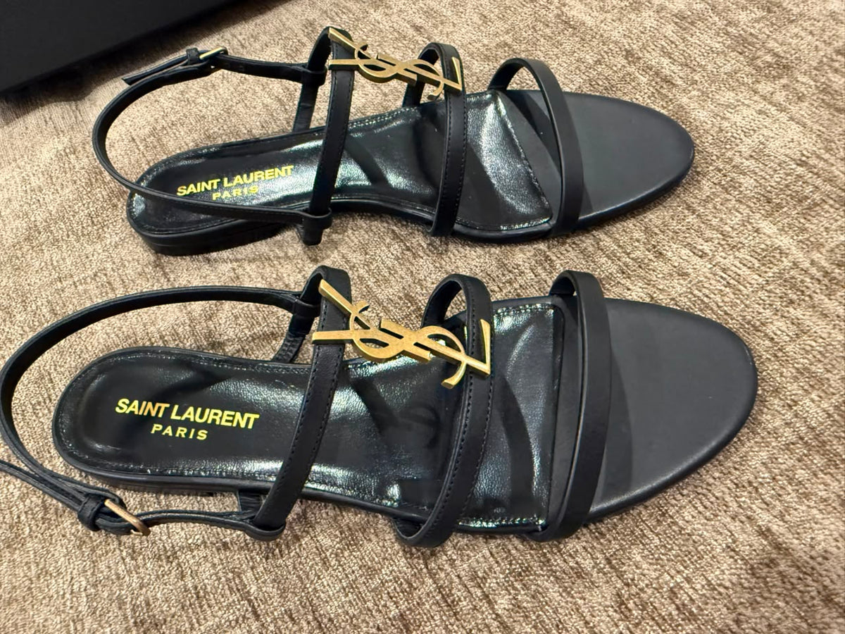Saint Laurent Black Cassandre Flat Sandals – Size 38