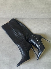 Gucci Black Leather Knee High Aneta Boots with Pearl Buttons - Size 40