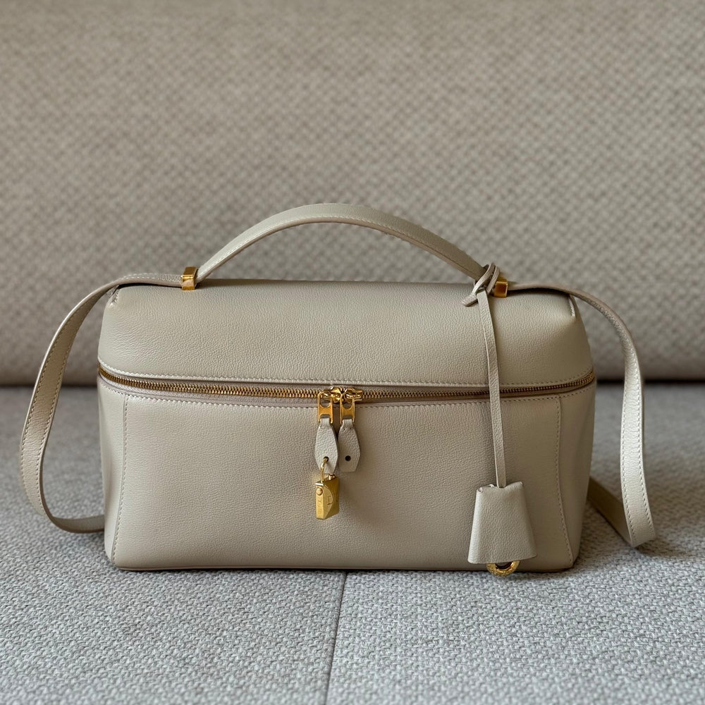 Loro Piana Extra Bag L27 in Light Travertine Calfskin with Sun Gold Hardware