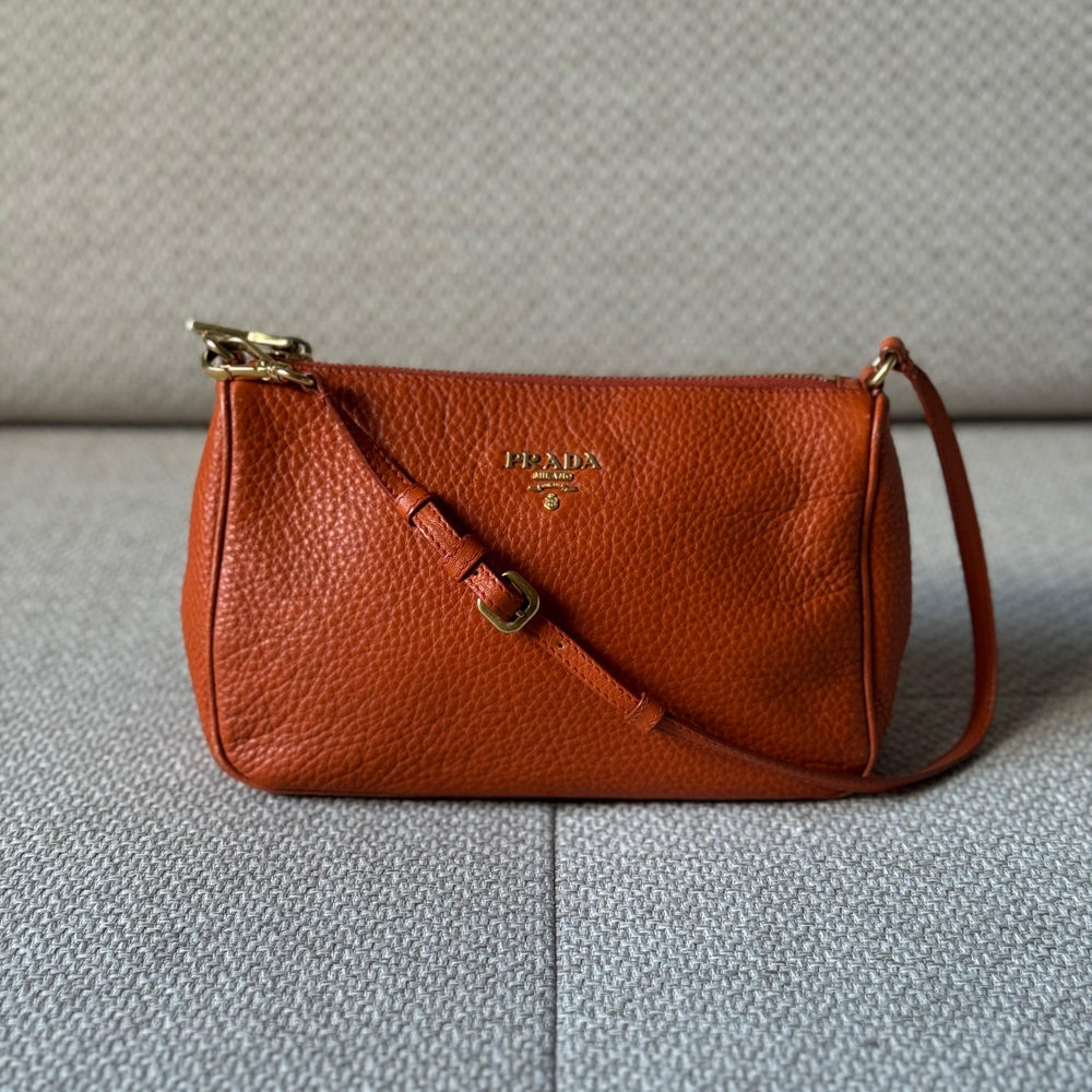 Prada Orange Vitello Daino Pochette with Strap
