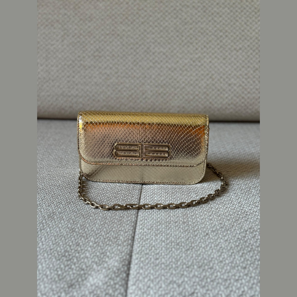 Balenciaga Gold Snake Embossed Leather Gossip Wallet on Chain