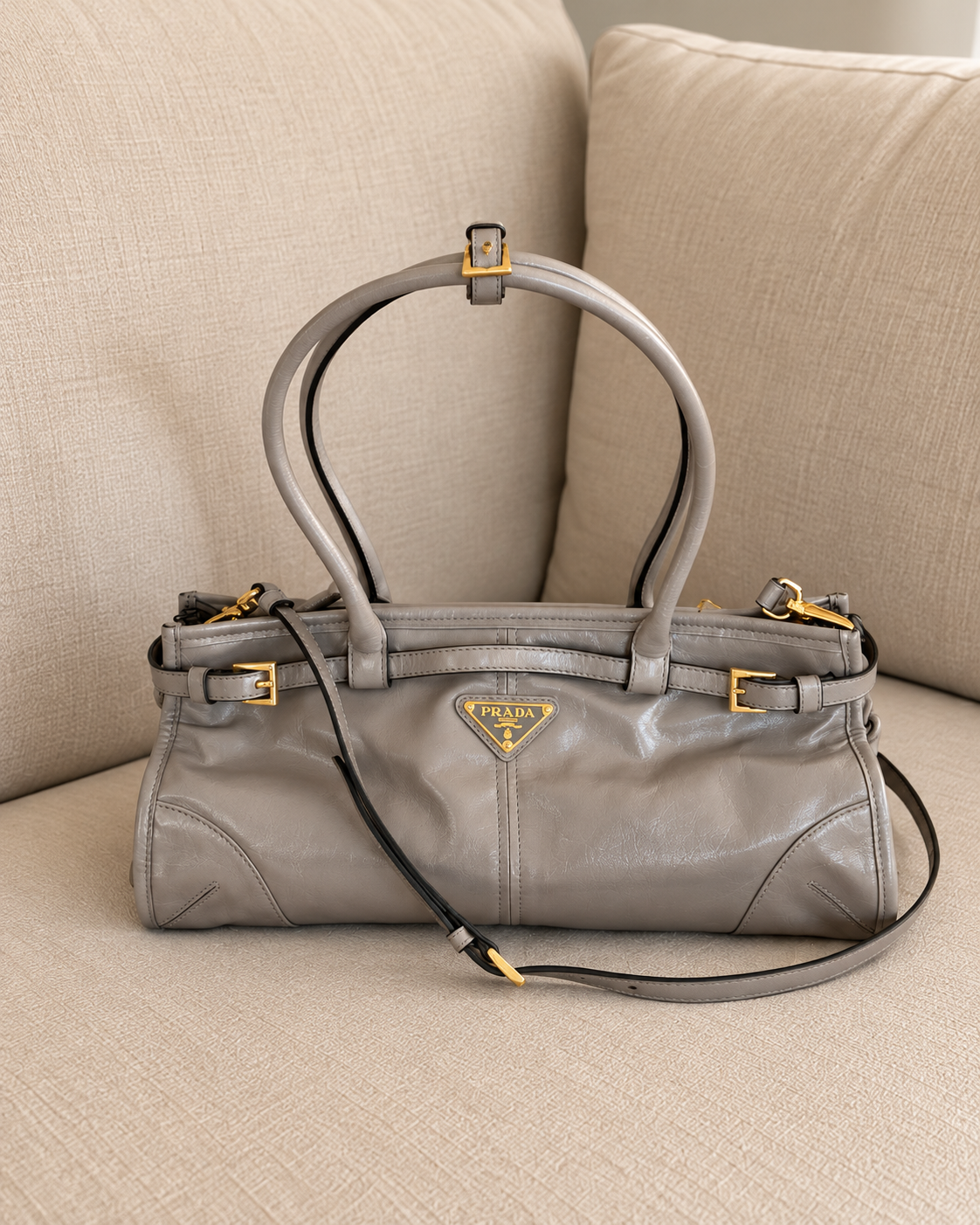 Prada Bonnie Taupe Medium Leather Shoulder Bag