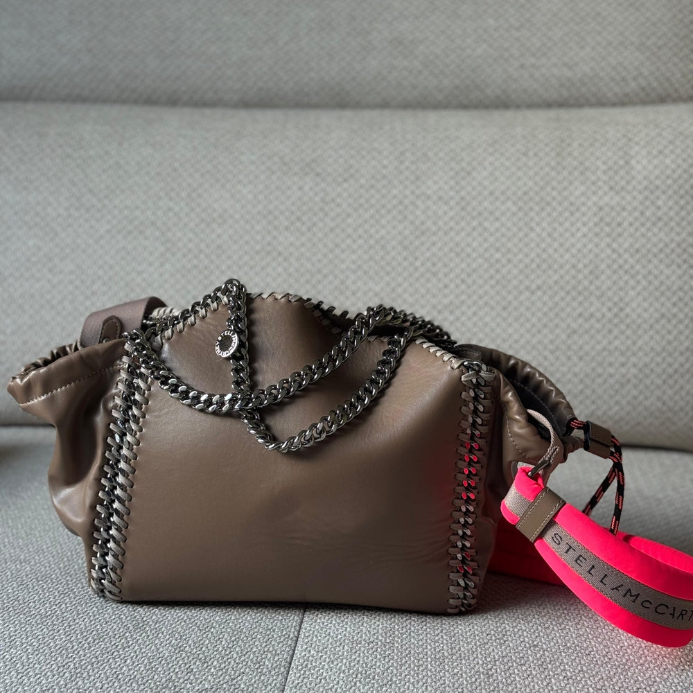 Stella McCartney Brown Falabella Medium Tote with Neon Pink Strap