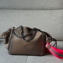 Stella McCartney Brown Falabella Medium Tote with Neon Pink Strap