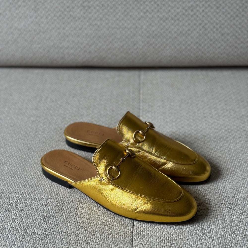 Gucci Gold Leather Princetown Mules - Size 37.5