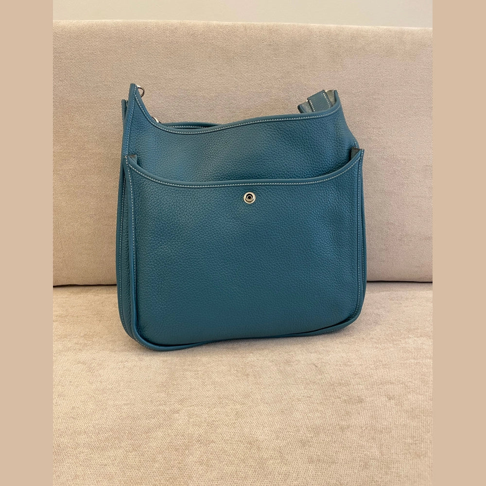 Hermès Evelyne GM in Blue Clemence Leather with Crossbody Strap and Entrupy Certificate