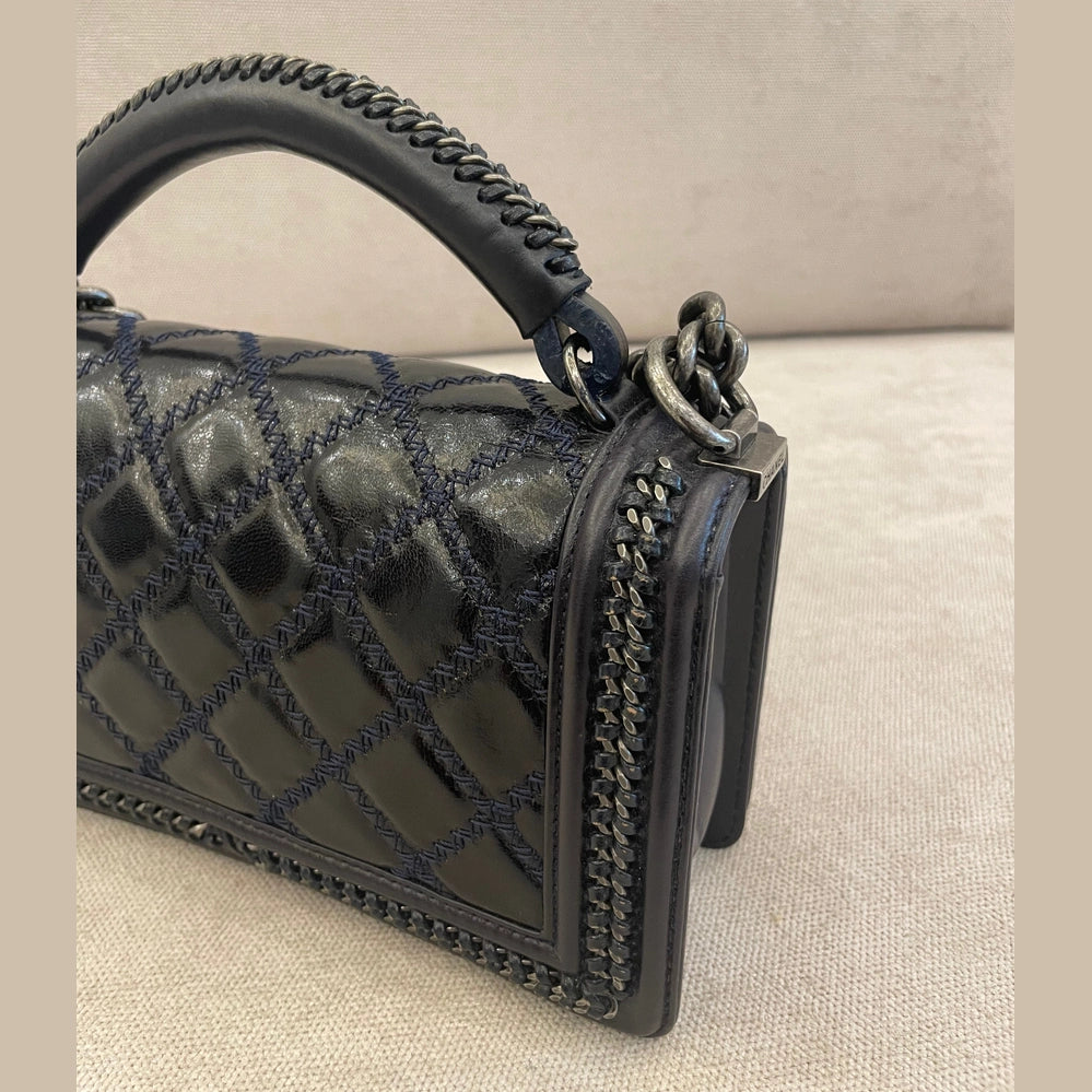 Chanel Medium Dark Blue Quilted Leather Wild Stitch Chain Boy Top Handle with Strap