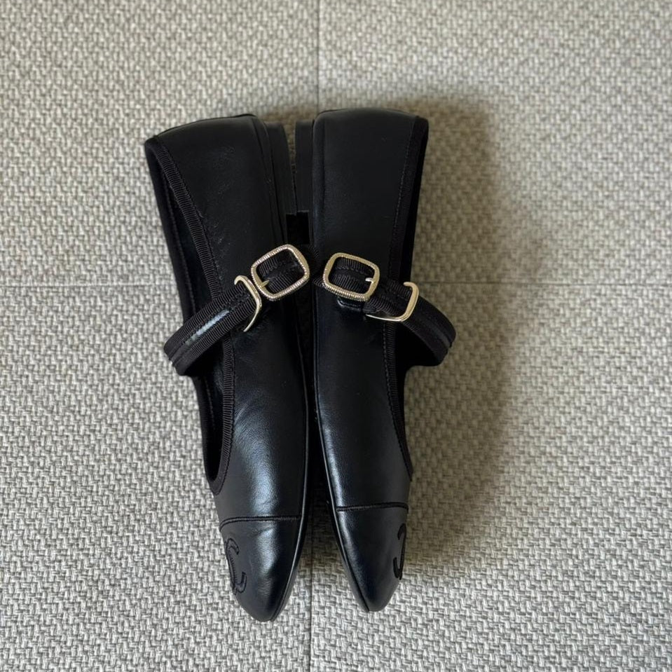 Chanel Black Leather Ballerina Mary Jane Flats - Size 37