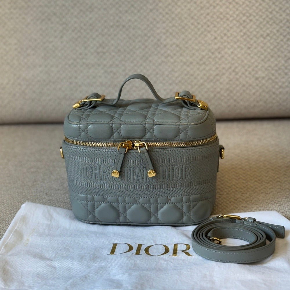 Christian Dior Small Vanity Case in Gray Cannage Calfskin Leather
