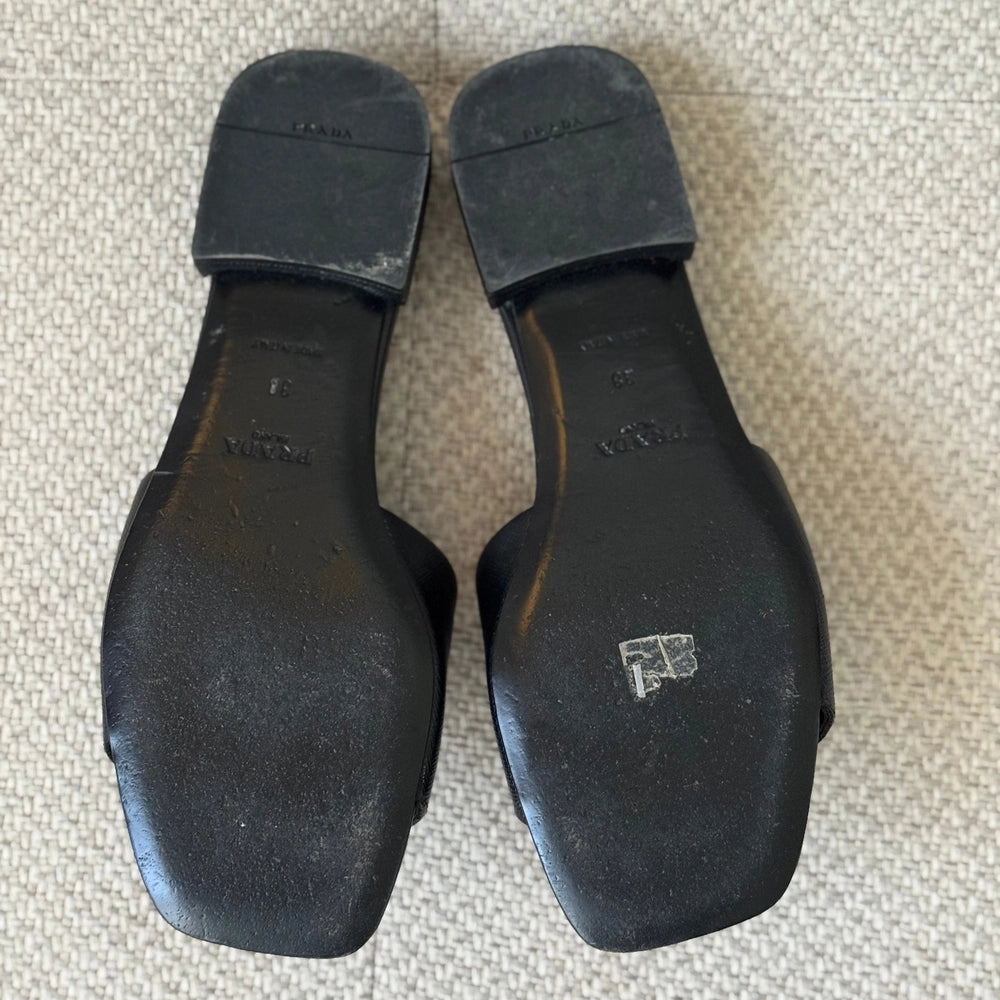 Prada Black Saffiano Leather Logo Slides - Size 38