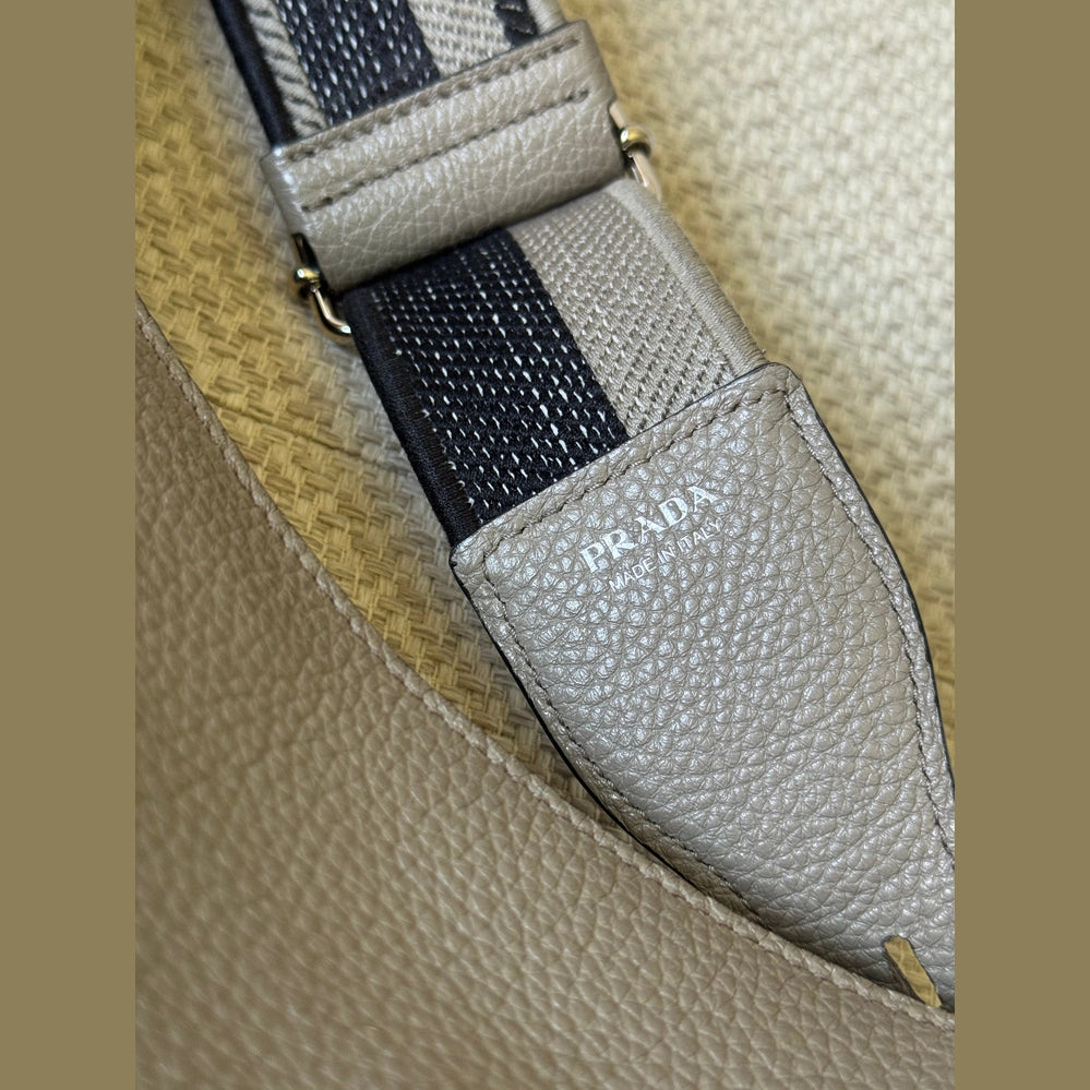 Prada Grey Leather Messenger Bag with Canvas Strap