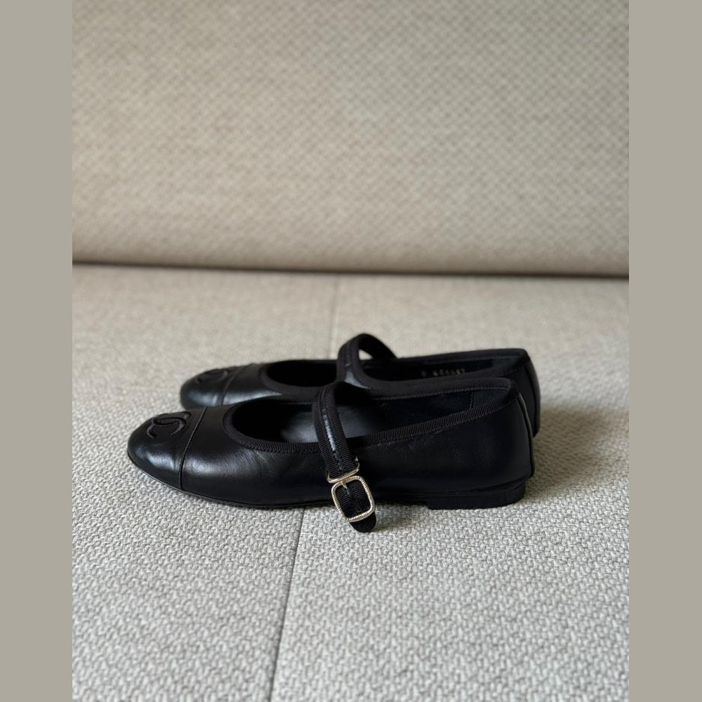 Chanel Black Leather Ballerina Mary Jane Flats - Size 37