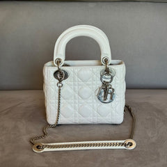 Christian Dior White Mini Lady Dior Bag with Strap (Restored)
