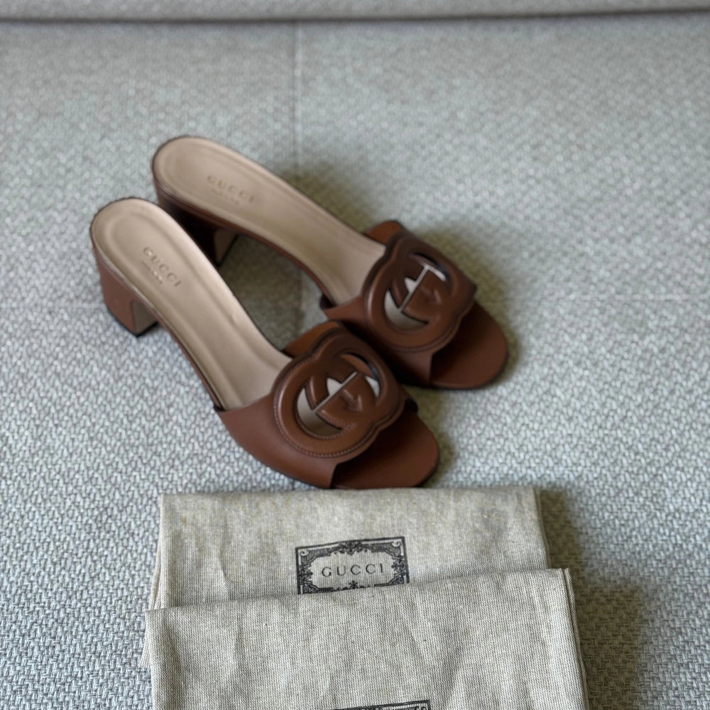 Gucci Brown Leather Interlocking G Mules - Size 39