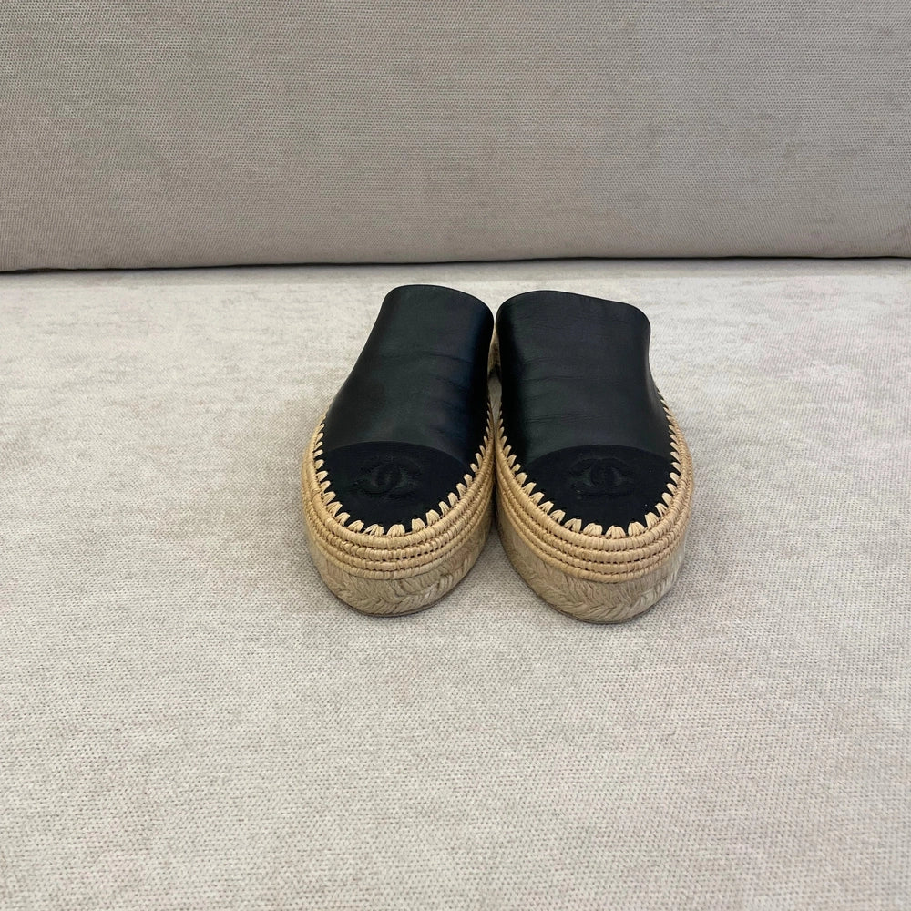 Chanel Black Leather Espadrilles Mules - Size 40