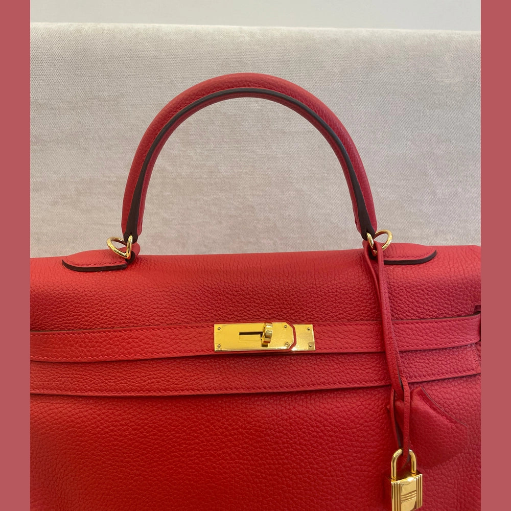 Hermès Rouge Casaque Kelly 35 Togo Leather GHW with Twilly and Entrupy Certificate