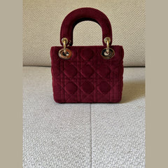 Christian Dior Burgundy Velvet Mini Lady Dior Top Handle with Strap