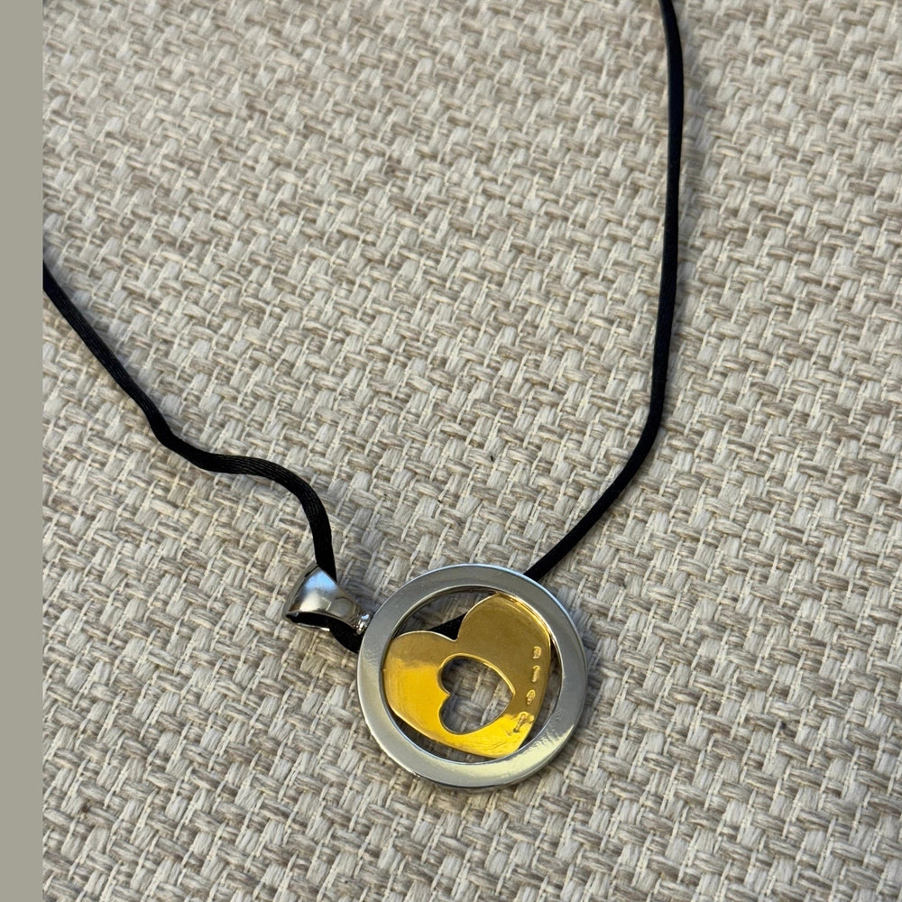 Bvlgari Two Tone Large Heart Tondo 18K Gold Stainless Steel Pendant Necklace
