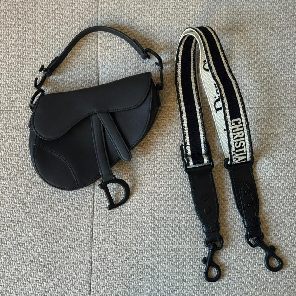 Christian Dior Black Matte Calfskin Mini Saddle Bag with Strap