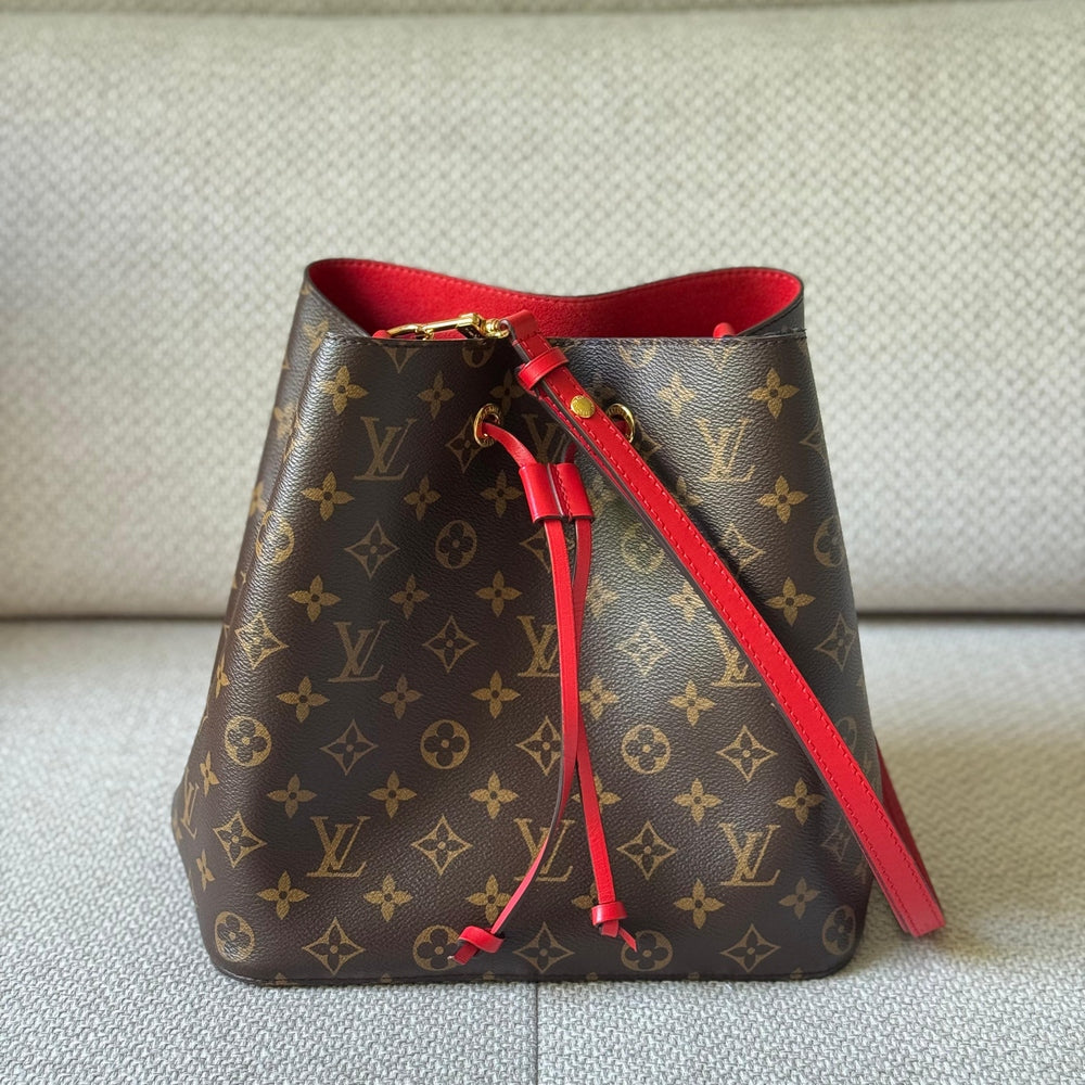 Louis Vuitton NéoNoé Monogram Bucket Bag with Red Strap