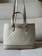 Gucci Ophidia Small Tote – Beige & White GG Supreme Canvas with Oatmeal Trim